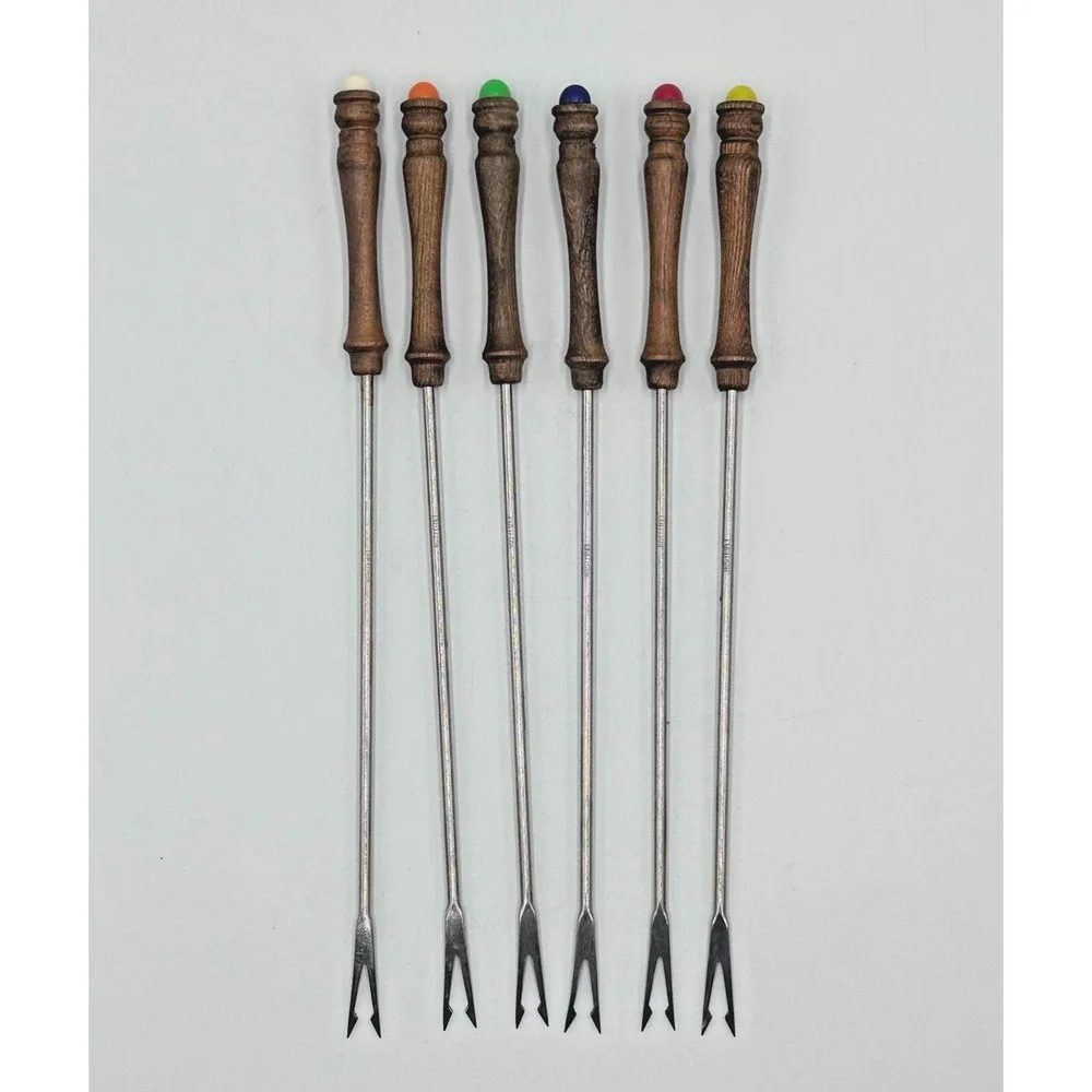 MCM Edelstahl Rostfrei Fondue Forks 6 Ea Germany Stainless Steel 2Prong Wood 11